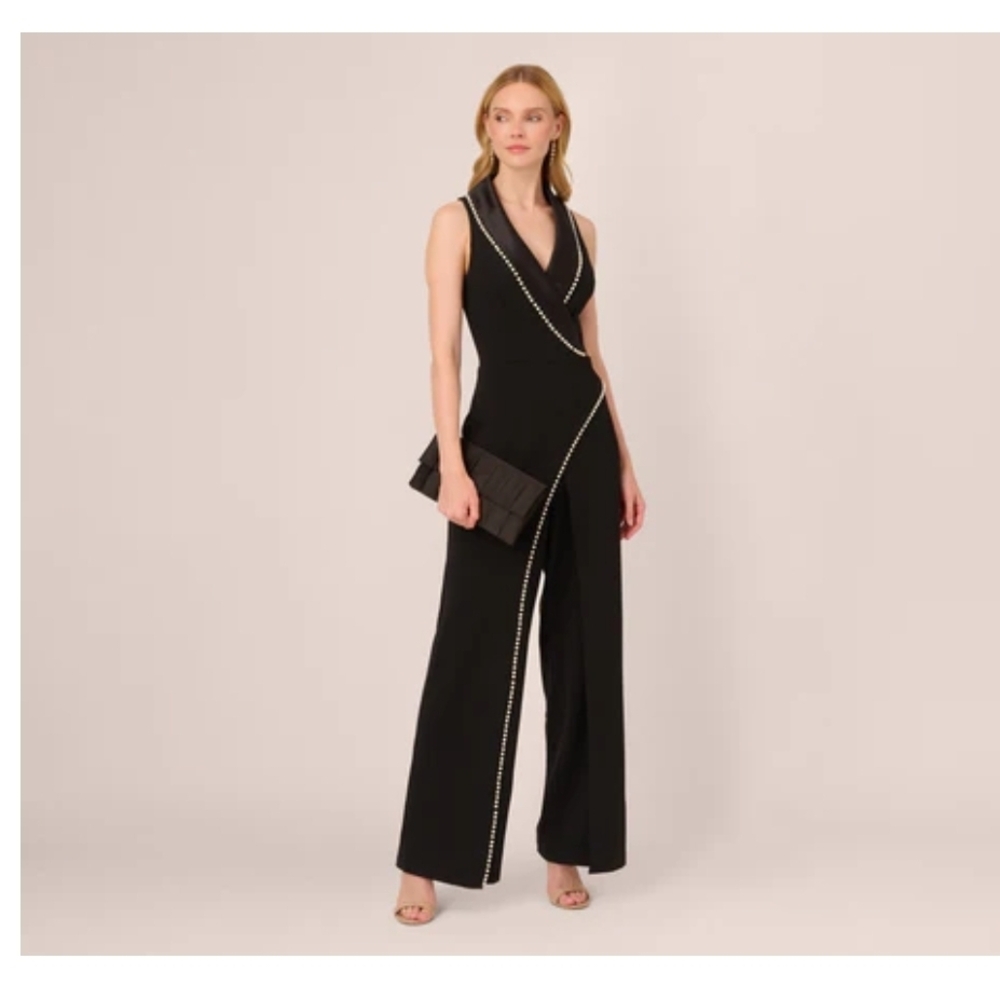 Adrianna Papell Black Jumpsuit with Elegant Pearl Trim